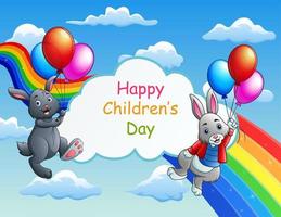 feliz día del niño con conejitos sobre fondo de cielo azul vector