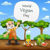 día mundial vegano con feliz viejo granjero y fruta vector