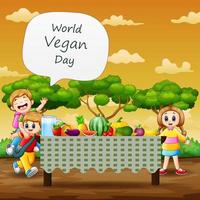fondo del día mundial vegano con niños y fruta fresca en la mesa vector