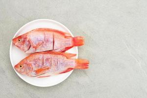 El pescado crudo de tilapia roja es un tipo de consumo de pescado de agua dulce, servido en un plato blanco con especias y limón. foco seleccionado foto