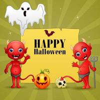 Halloween text design with ghost and red devil vector