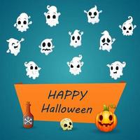 Happy Halloween Text with ghost flying on the sign vector