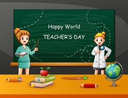 Happy Teacher's Day text with woman teacher and student vector