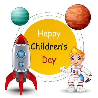 Happy Children's Day with astronaut boy and planet on frame