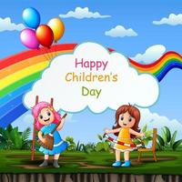 Happy children's day template with kids playing in the park vector