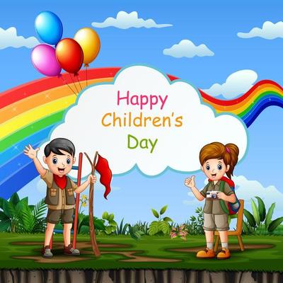 Happy children's day template with scout boy and girl at nature