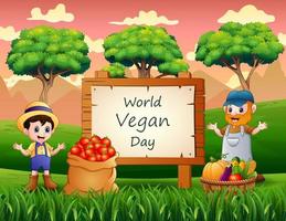 día mundial vegano en cartel con verduras y agricultores vector