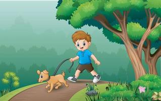 Young boy walking with his dog illustration vector