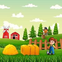 Illustration of young farmer working in a farmland vector