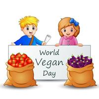 World Vegan Day text on sign with kids and vegetables vector