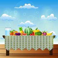 Fresh fruits on table with blue sky background vector