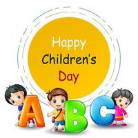 feliz día del niño con niños con letra abc vector