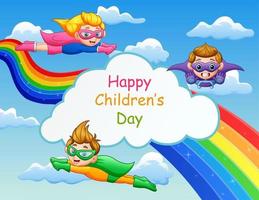Happy Children's Day template with superhero kids flying on the sky