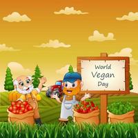 The farmers and vegetables in sack on World vegan Day vector