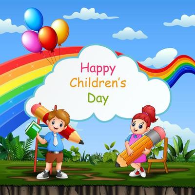 Happy children's day template with school kids in the park illustration