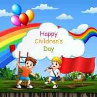 Happy children's day template with kids playing in the park vector