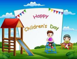 Happy children's day poster with kids reading book in the park vector