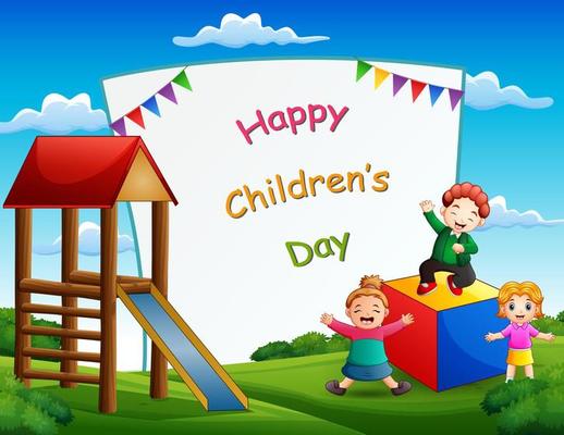 Happy children's day poster with kids in the park illustration