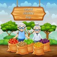 World Vegan Day on sign with vegetables and grandparents pair vector