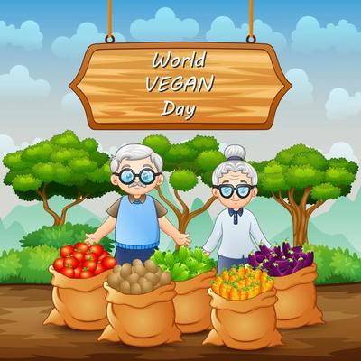 World Vegan Day on sign with vegetables and grandparents pair