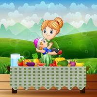 Mother and son with different fruits on the table vector