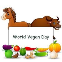 World Vegan Day text design on sign with vegetables and animals vector
