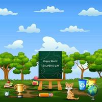 Happy teachers day, education tools and green chalkboard on a backdrop vector