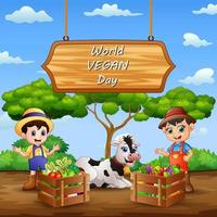 Happy World Vegan Day with vegetables and farmers vector