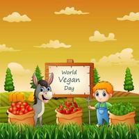 feliz día mundial vegano con verduras y granjero en el jardín vector