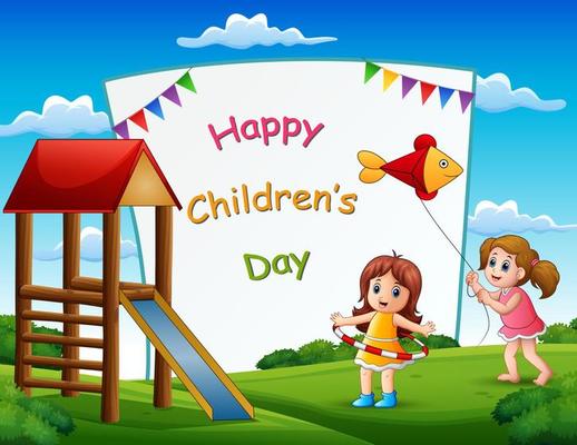 Happy children's day poster with kids in the park illustration