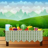 Fresh fruits on table in the middle of nature background vector