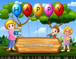 Happy children's day poster with school kids and teacher in the park vector