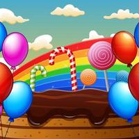 Fantasy sweet land with candies and rainbow background vector