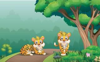 Scene with two tigers on the road vector