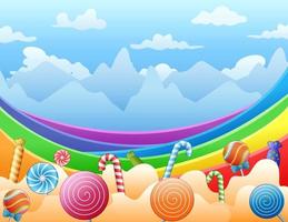 caramelos dulces y arcoiris en el cielo vector