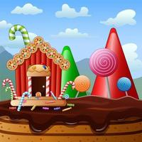 tierra de dulces con casa dulce en la ilustración del campo de chocolate