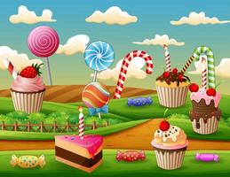 Fantasy sweet land with cup cake and candies vector