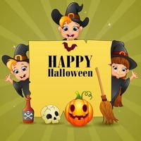 Halloween text design with three of witch on sign vector