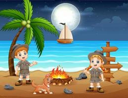 Happy scout kids enjoying bonfire at the beach vector