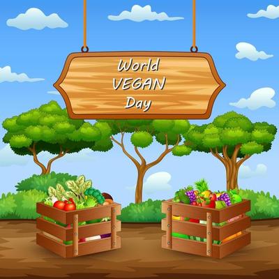 Happy World Vegan Day with vegetables in wooden box