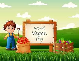 Happy World Vegan Day with farm products and farmer vector