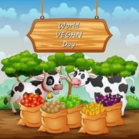 Fondo de signo de feliz día mundial vegano con vaca y verduras en saco vector