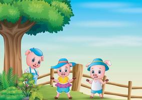 Illustration of three little pig under the big tree vector