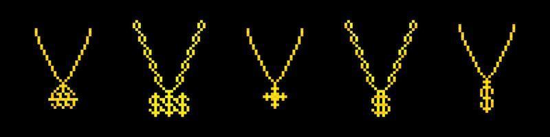 colección de cadenas de oro de rapero pixel. collar lujoso y rico con símbolo de dólar para la fiesta del juego hip hop cultural con tesoro vectorial caro vector