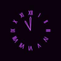 reloj morado con números romanos. esfera luminosa de neón en estilo antiguo con iluminación láser. cronómetro colorido en el diseño de vector de onda sintética retro nocturna.