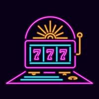 Gaming neon machine. Purple gambler with luminous lines and three sevens. Yellow starter stick with flaming sun stripes and vector switches.