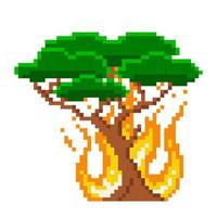 Flaming pixel tree. Blazing fire in green forest with complete burnout of area. Terrible danger disappearing in fire of relict vector jungle