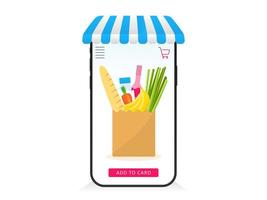 Online shopping products in web application template. Smartphone with canopy and package selected food on screen. Supermarket web order with fast vector delivery