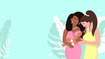 Happy lesbian couple with baby banner. Beautiful african american woman holds toddler white girl hugs her. Loving homosexual family with long awaited eco vector child.