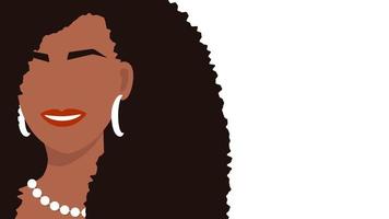 Beautiful profile african american woman with lush hairstyle banner. Beauty with black luxurious hair with pearl necklace. Fashionable smiling woman in modern vector style.